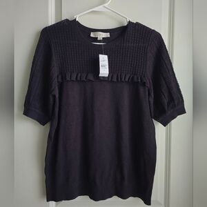 LOFT Black Textured Short Sleeve Sweater